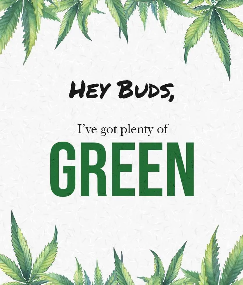 Marijuana design with a text of Hey Buds, I've got plenty of Green